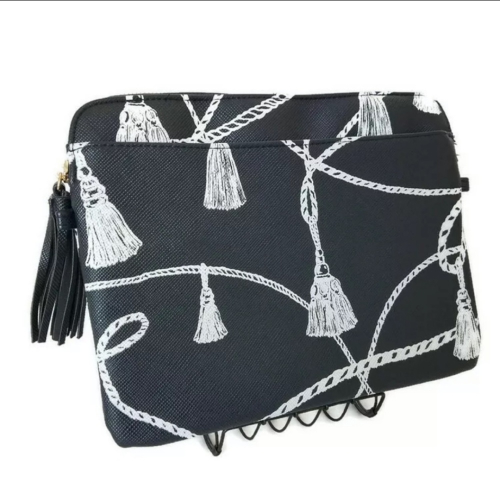 CHICO'S Navy Blue Tassel Print Clutch